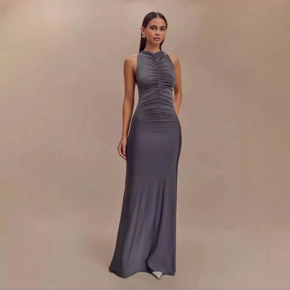 Meshki Priya Slinky Ruched Halter Maxi Dress
